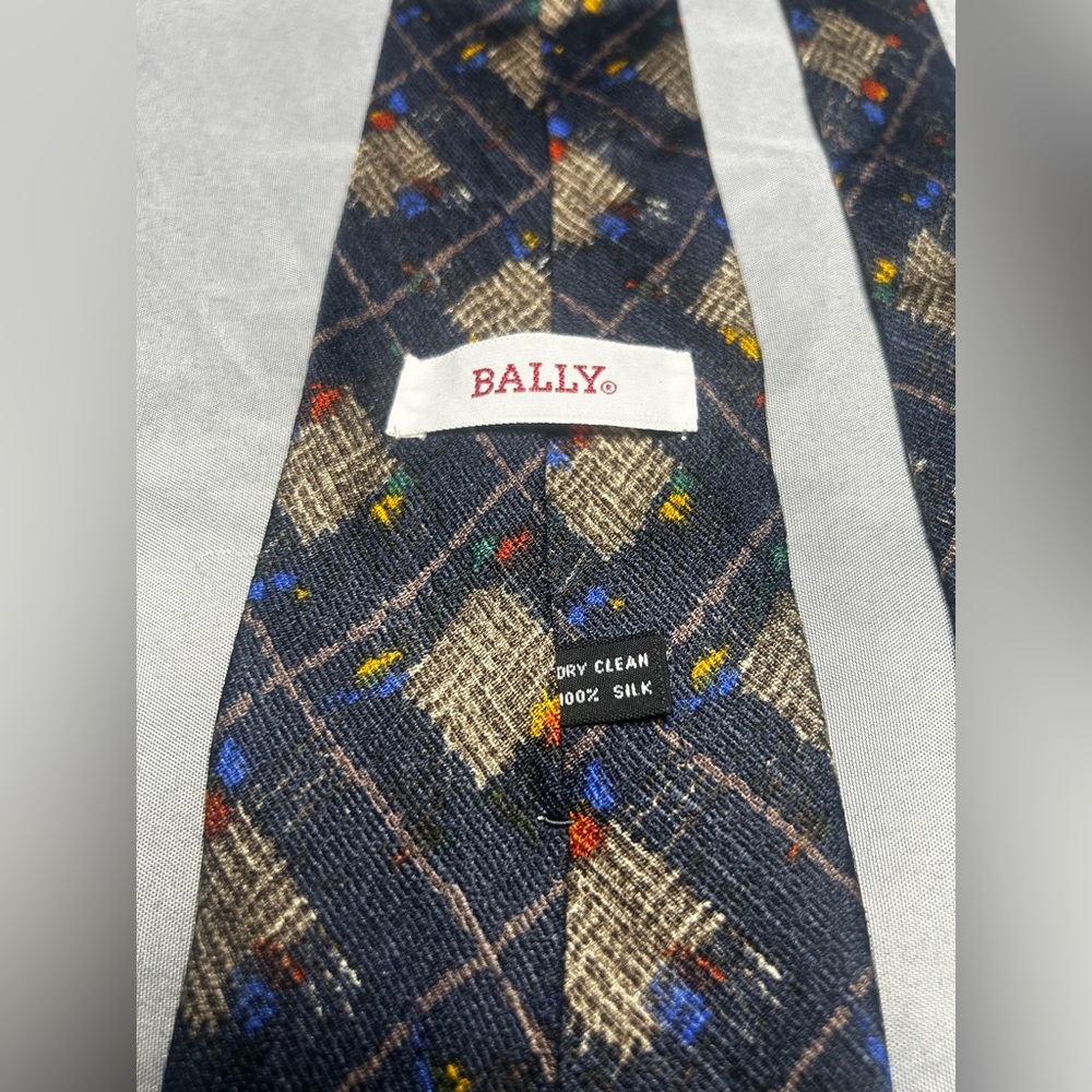 Men’s Bally Vintage Vtg 90s Blue Gray Geometric Silk Designer Necktie Tie - Picture 3 of 3
